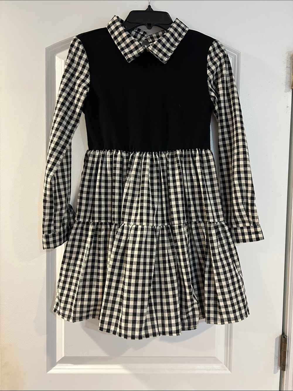 Girls Black & White Gingham Tiered Dress with Collar
